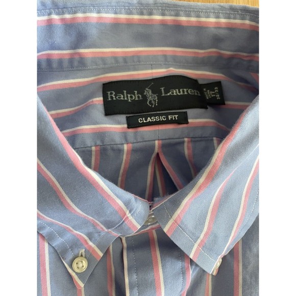 Ralph Lauren Mens Button Up Shirt Size 17 Neck 32/33 Sleeve Blue Pink Stripe - Picture 7 of 7